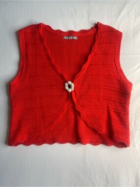 Bright‎ Red Crochet-Button Knit Tank Vest